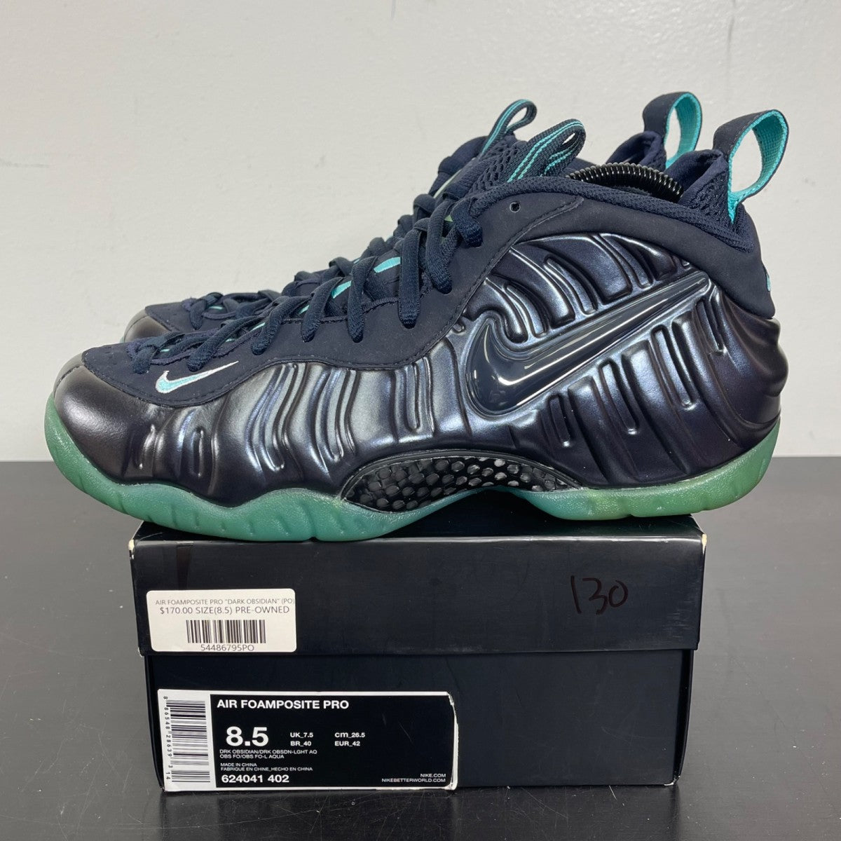 Nike Air Foamposite Pro Dark Obsidian 8.5 (Moderately Worn Pre-Owned)NikeDark Obsidian/Dark Obsidian-Blue Aquamarine - Image 3