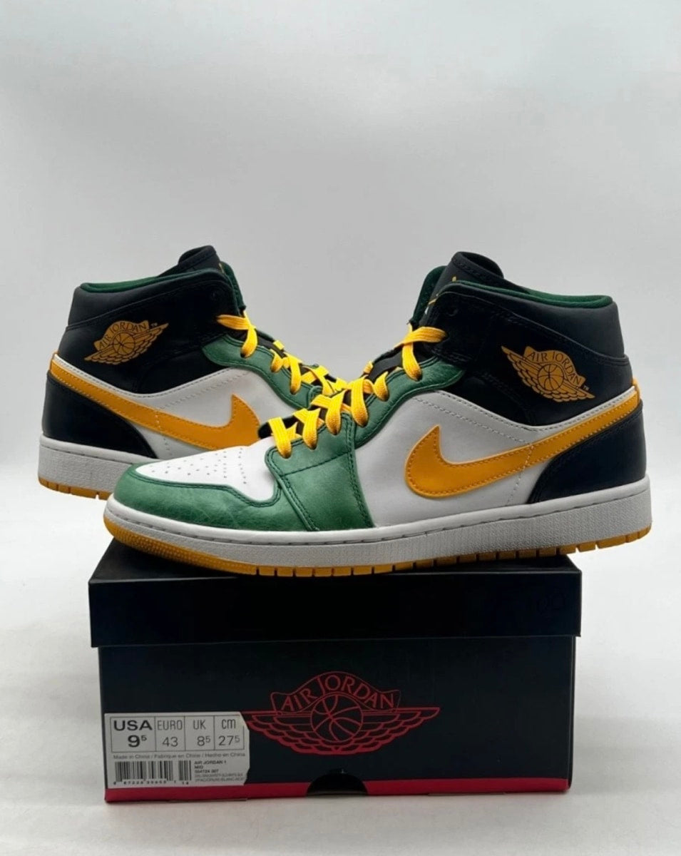 Jordan 1 Mid Retro Sonics 9.5 (Lightly Worn Pre-Owned)JordanGorge Green/University Gold-White-Black - Image 1