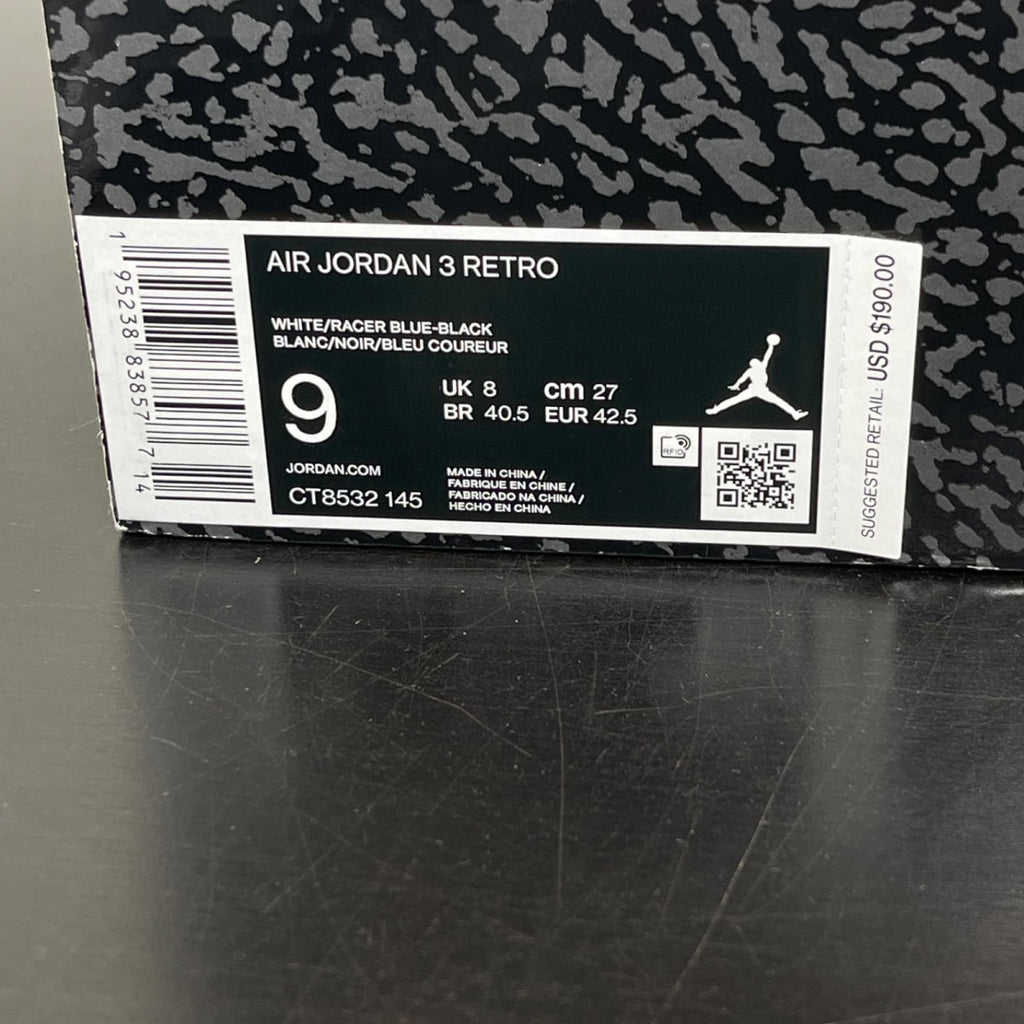 Jordan 3 Retro Racer Blue 9 (Moderately Worn Pre-Owned)JordanWhite/Black-Cement Grey-Racer Blue - Image 8