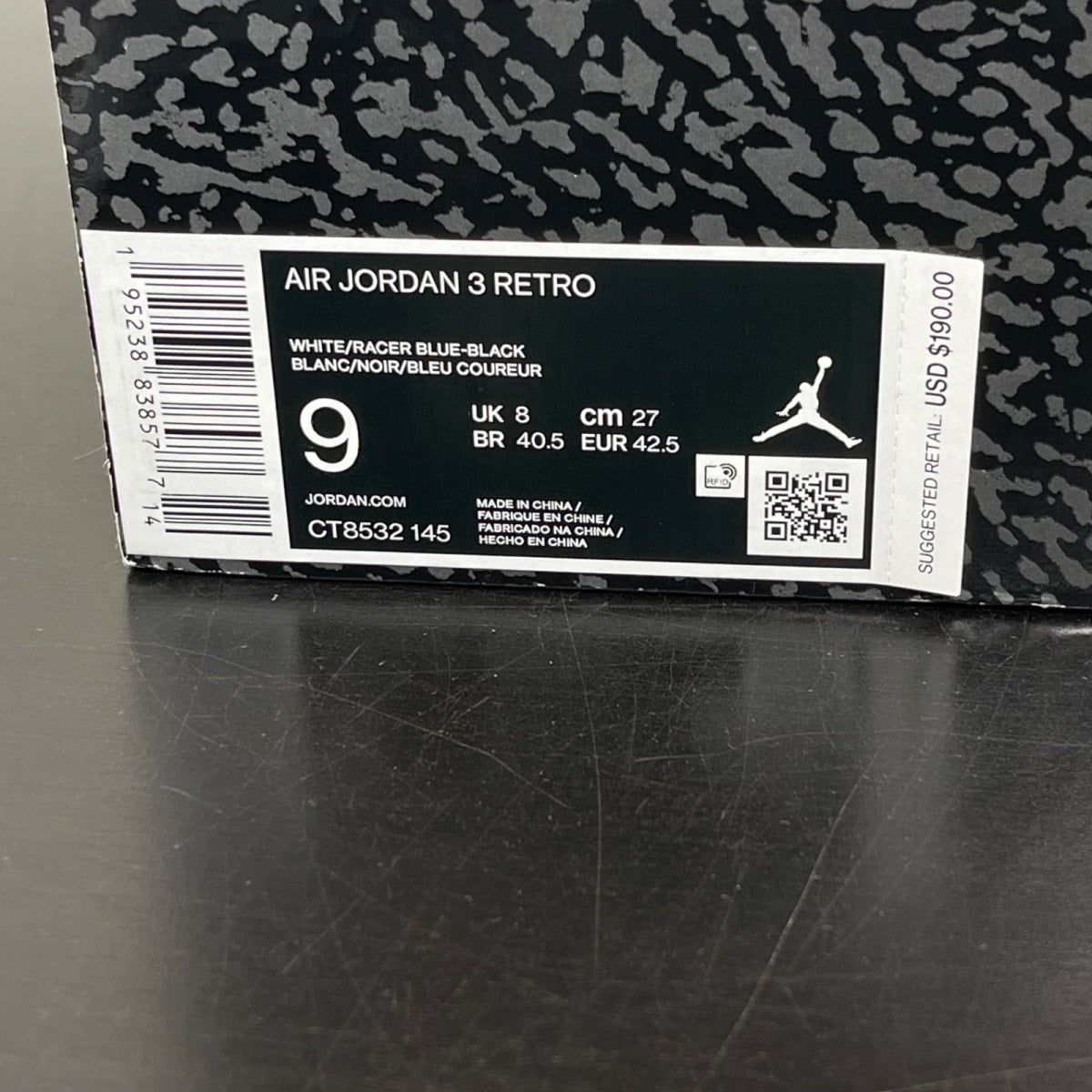 Jordan 3 Retro Racer Blue 9 (Moderately Worn Pre-Owned)JordanWhite/Black-Cement Grey-Racer Blue - Image 8