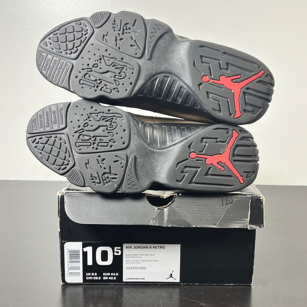 Jordan 9 Retro Olive (2012) 10.5 (Moderately Worn Pre-Owned)JordanBlack/Light Olive-Varsity Red - Image 6