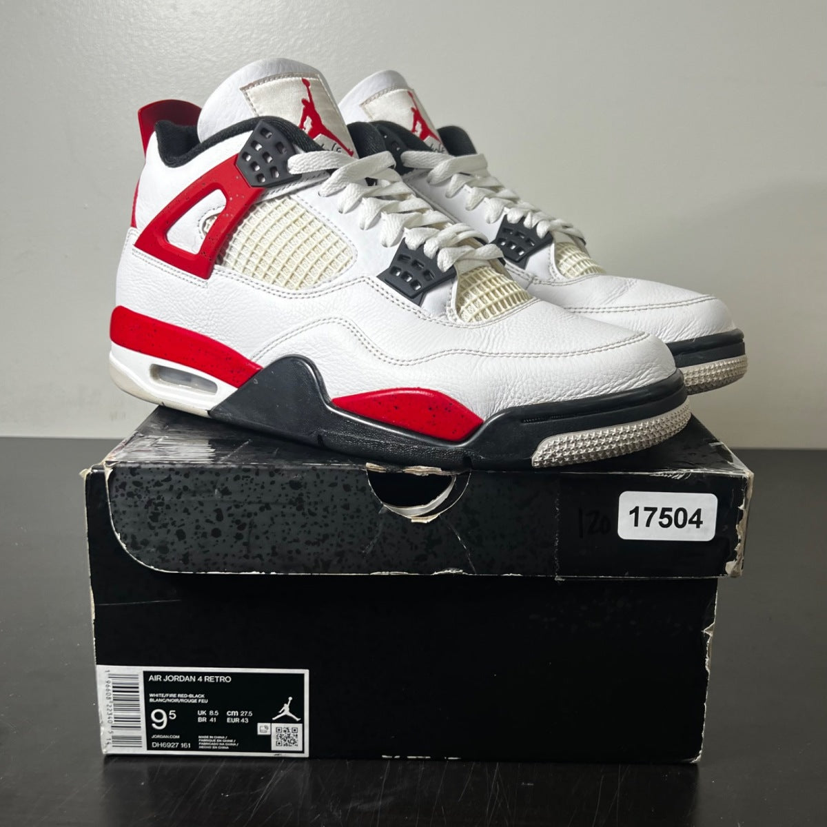 Jordan 4 Retro Red Cement 9.5 (Moderately Worn Pre-Owned)JordanWhite/Fire Red/Black/Neutral Grey - Image 1