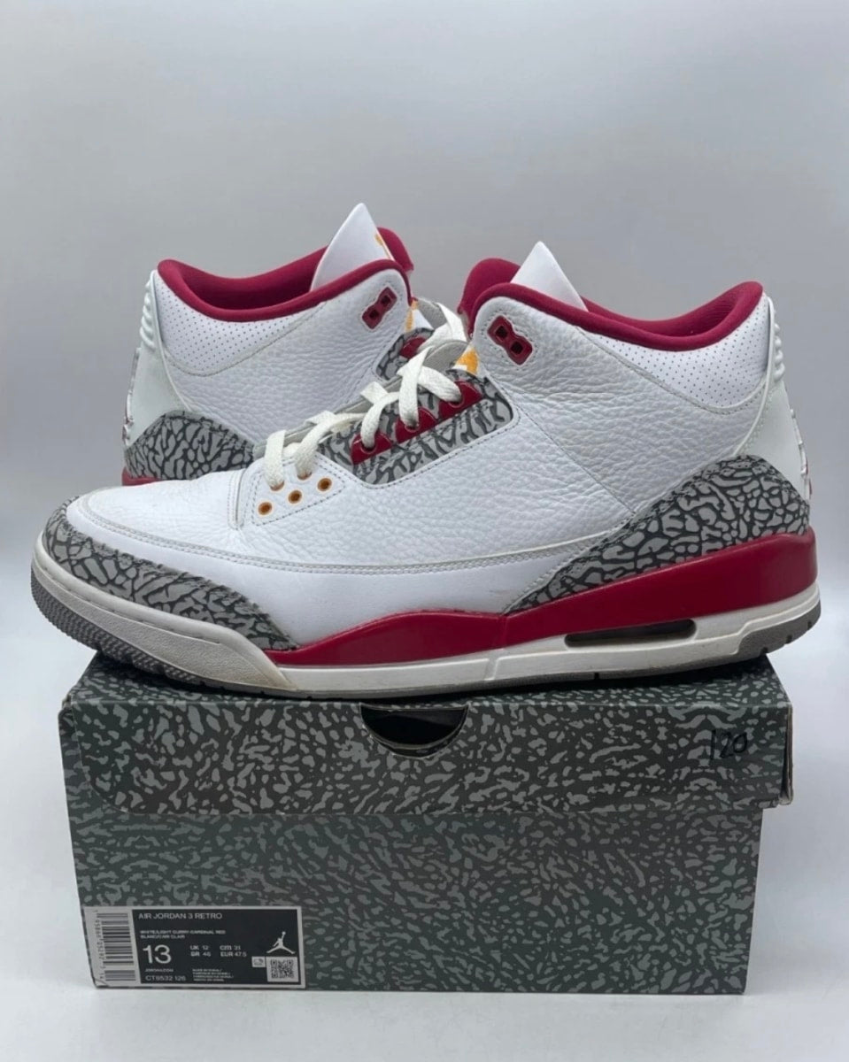 Jordan 3 Retro Cardinal Red 13 (Heavily Worn Pre-Owned)JordanWhite/Light Curry-Cardinal Red-Cement Grey - Image 1