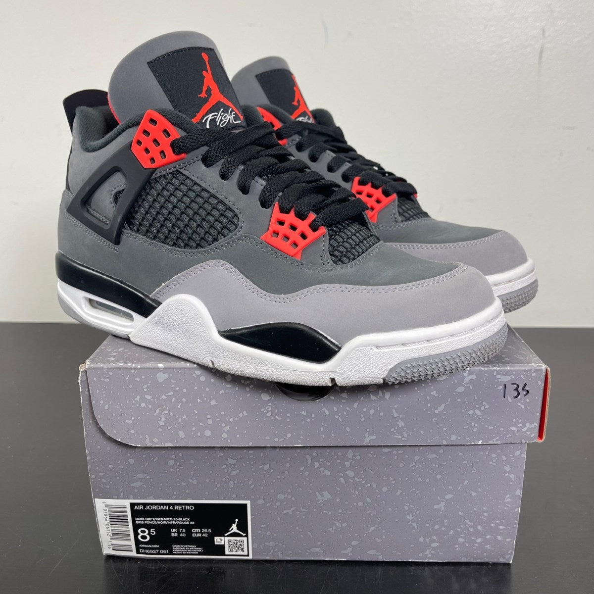 Jordan 4 Retro Infrared 8.5 (Moderately Worn Pre-Owned)JordanDark Grey/Infrared 23-Black-Cement Grey - Image 1