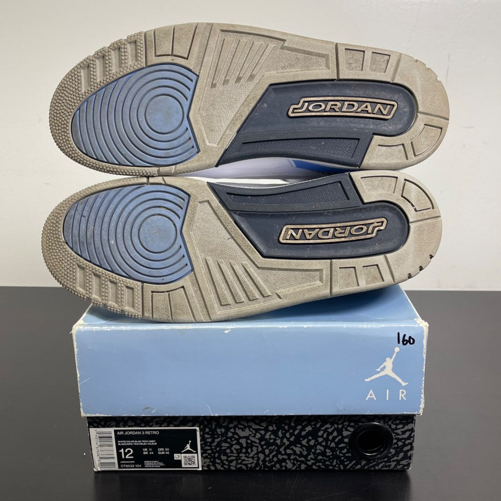Jordan 3 Retro UNC (2020) 12 (Moderately Worn Pre-Owned)JordanWhite/Valor Blue-Tech Grey - Image 5