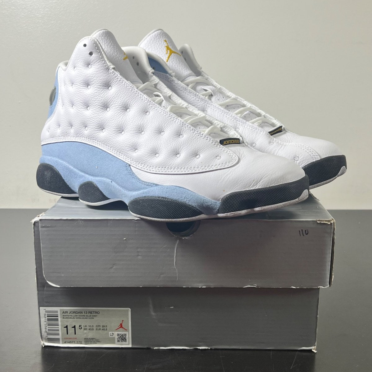 Jordan 13 Retro Blue Grey 11.5 (Moderately Worn Pre-Owned)JordanWhite/Yellow Ochre/Blue Grey/Black - Image 1
