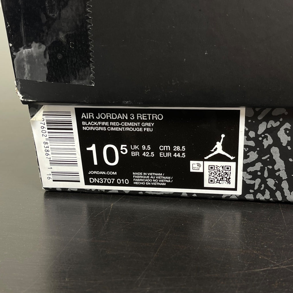Jordan 3 Retro OG Black Cement (2024) 10.5 (Moderately Worn Pre-Owned)JordanBlack/Fire Red/Cement Grey/Sail - Image 7