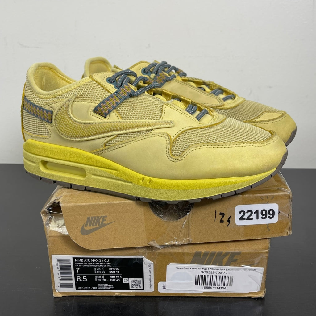 Nike Air Max 1 Travis Scott Cactus Jack Saturn Gold 7 (Moderately Worn Pre-Owned)NikeSaturn Gold/Tea Tree Mist/Tent - Image 1