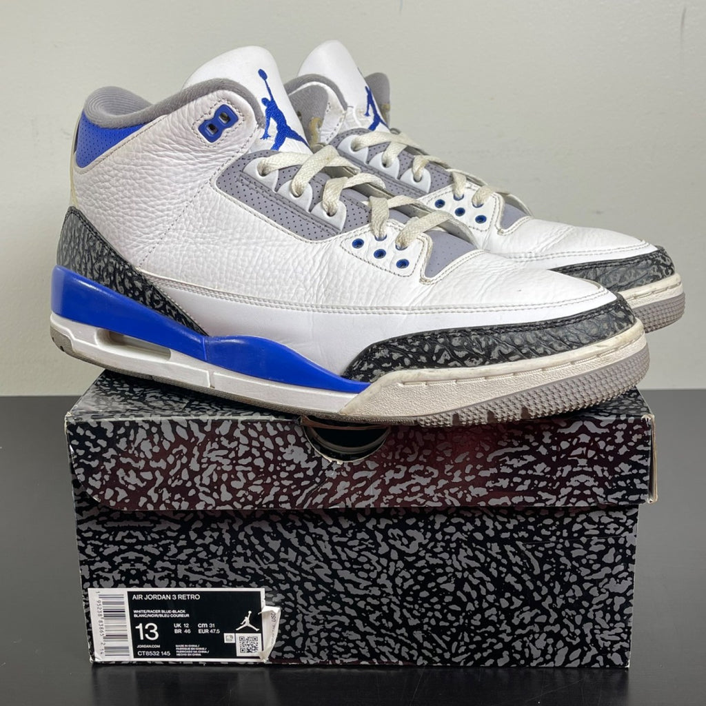 Jordan 3 Retro Racer Blue 13 (Moderately Worn Pre-Owned)JordanWhite/Black-Cement Grey-Racer Blue - Image 1