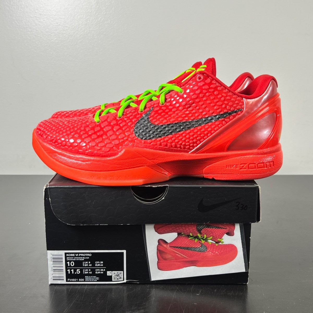 Nike Kobe 6 Protro Reverse Grinch 10 (Lightly Worn Pre-Owned)NikeBright Crimson/Black/Electric Green - Image 3