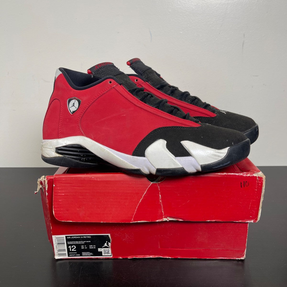 Jordan 14 Retro Gym Red Toro 12 (Moderately Worn Pre-Owned)JordanBlack/White-Off White-Gym Red - Image 1