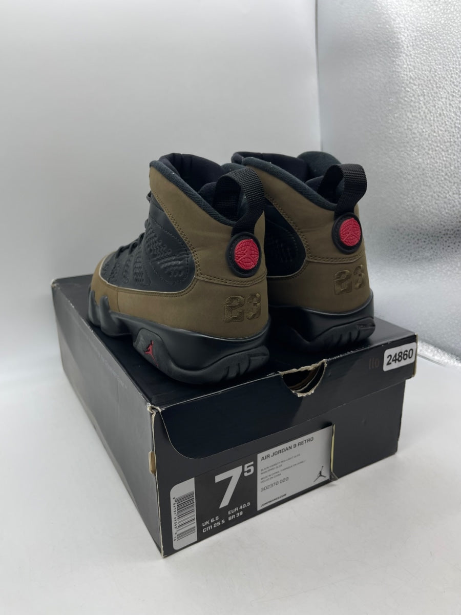 Jordan 9 Retro Olive (2012) 7.5 (Moderately Worn Pre-Owned)JordanBlack/Light Olive-Varsity Red - Image 4
