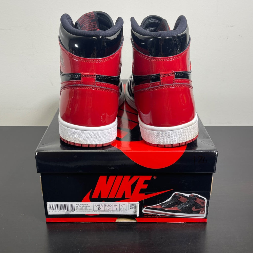 Jordan 1 Retro High OG Patent Bred 9 (Moderately Worn Pre-Owned)JordanBlack/White-Varsity Red - Image 3