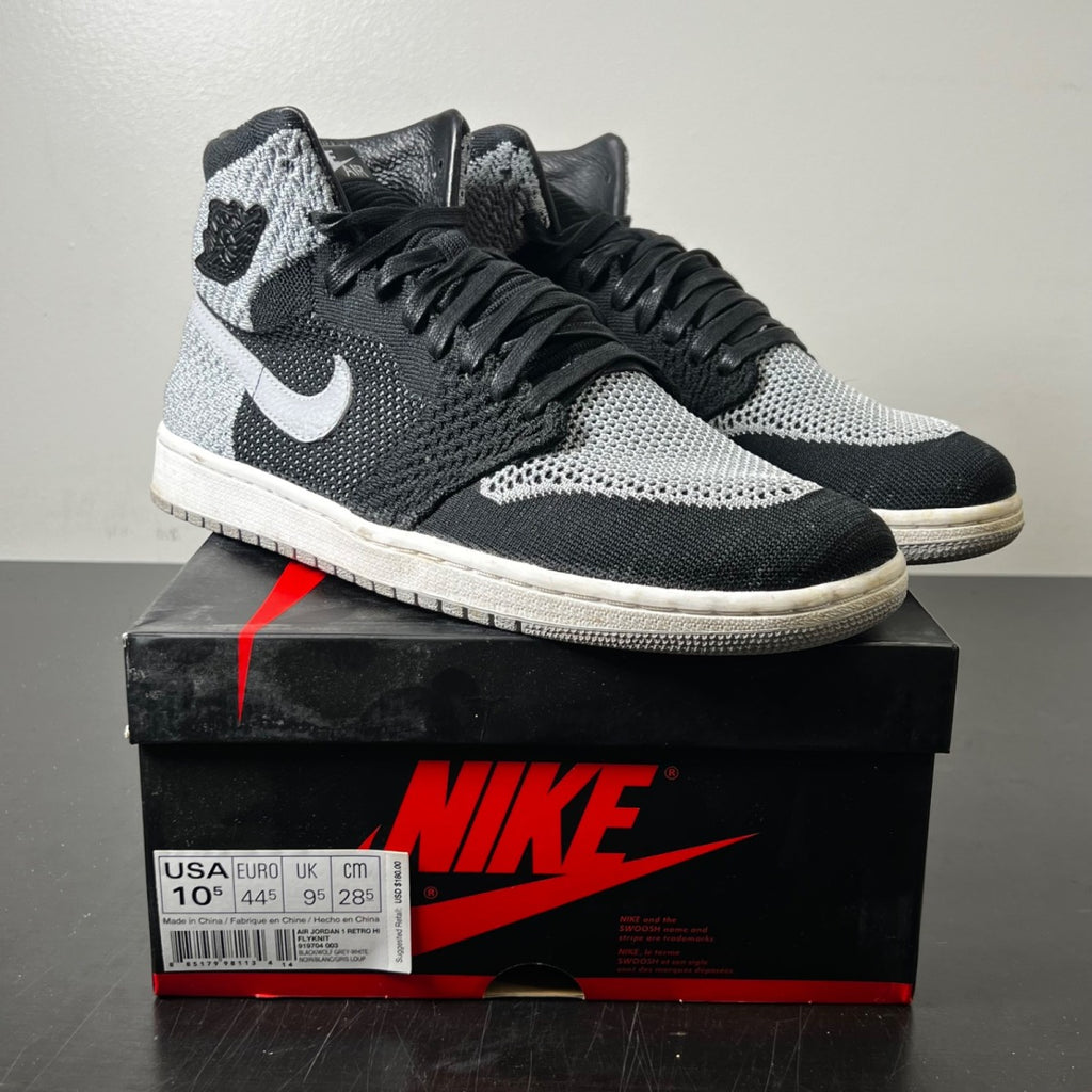 Jordan 1 Retro High Flyknit Shadow 10.5 (Lightly Worn Pre-Owned)JordanBlack/Wolf Grey-White - Image 1