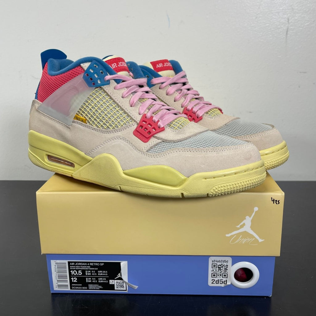 Jordan 4 Retro Union Guava Ice 10.5 (Moderately Worn Pre-Owned)JordanGuava Ice/Light Bone-Brigade Blue-Light Fusion Red - Image 1