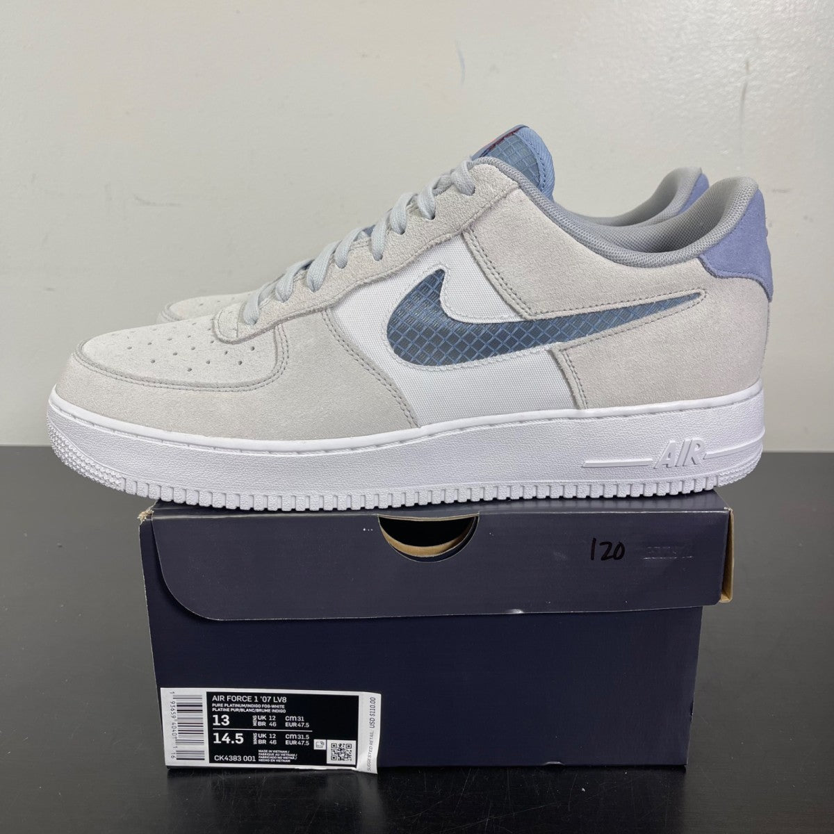 Nike Air Force 1 Low Pure Platinum Indigo Fog 13 (Moderately Worn Pre-Owned)NikePure Platinum/White-Hyper Crimson-Indigo Fog - Image 3