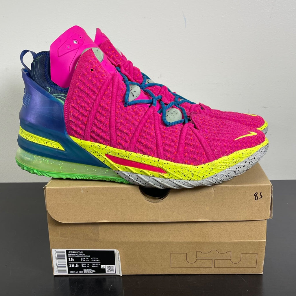 Nike LeBron 18 Los Angeles By Night 15 (Moderately Worn Pre-Owned)NikePink Prime/Multi-Color-Blue Void - Image 1