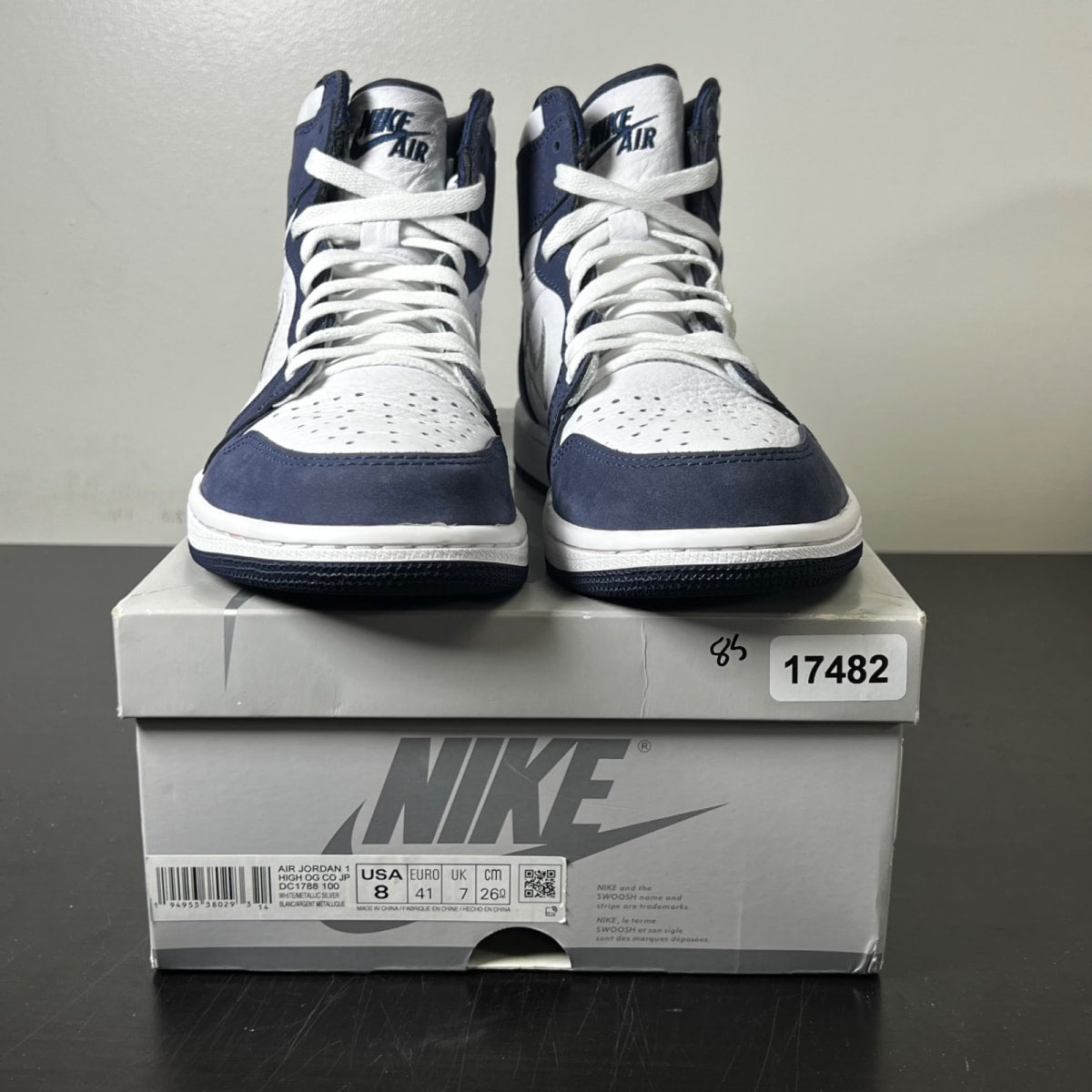 Jordan 1 Retro High CO.JP Midnight Navy (2020) 8 (Lightly Worn Pre-Owned)JordanWhite/Metallic Silver-Midnight Navy - Image 2