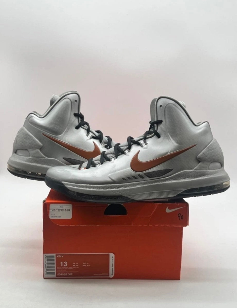 Nike KD 5 Texas 13 (Moderately Worn Pre-Owned)NikeMetallic Silver/Desert Orange-Sport Grey - Image 1