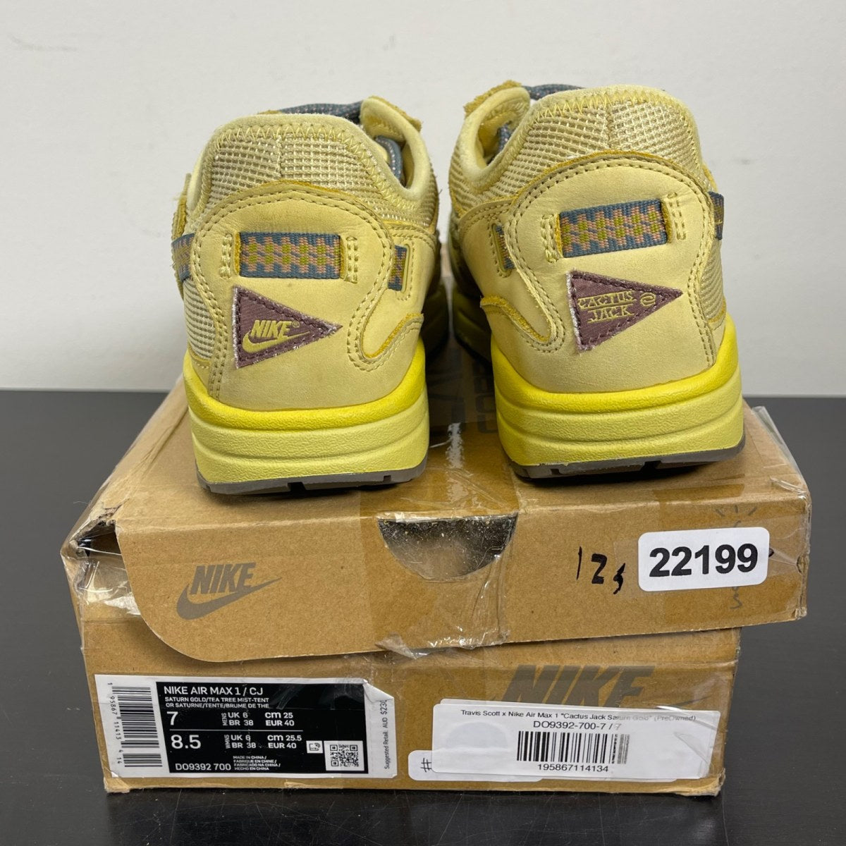 Nike Air Max 1 Travis Scott Cactus Jack Saturn Gold 7 (Moderately Worn Pre-Owned)NikeSaturn Gold/Tea Tree Mist/Tent - Image 4