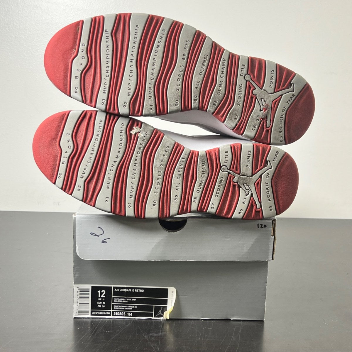 Jordan 10 Retro Red Steel 12 (Moderately Worn Pre-Owned)JordanWhite/Varsity Red/Light Steel Grey - Image 6