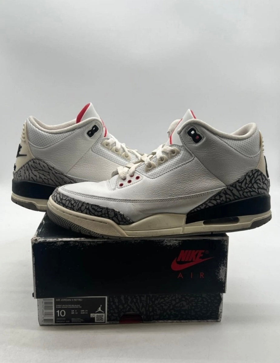 Jordan 3 Retro White Cement Reimagined 10 (Moderately Worn Pre-Owned)JordanSummit White/Fire Red/Black/Cement Grey - Image 1