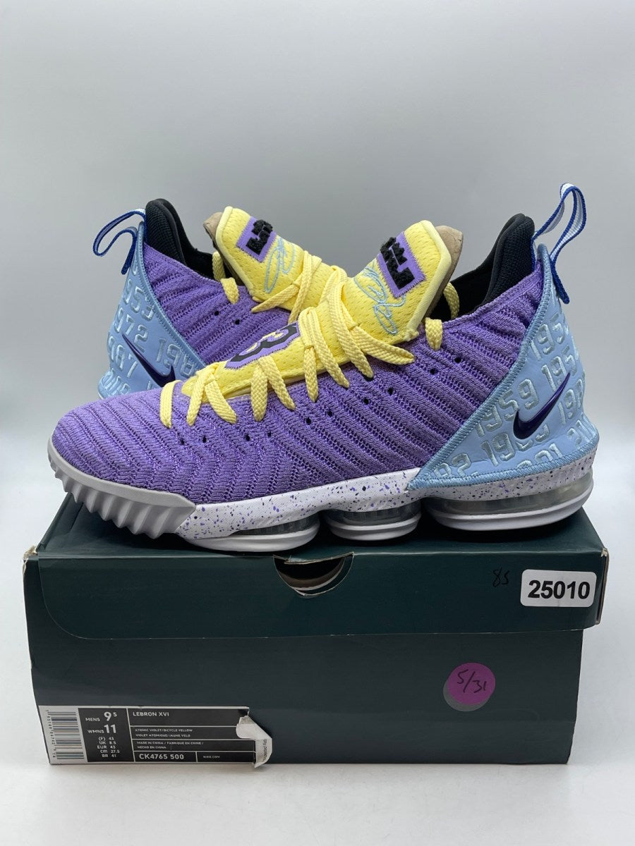 Nike LeBron 16 Lakers Championships 9.5 (Moderately Worn Pre-Owned)NikeAtomic Violet/Bicycle Yellow-Half Blue - Image 1