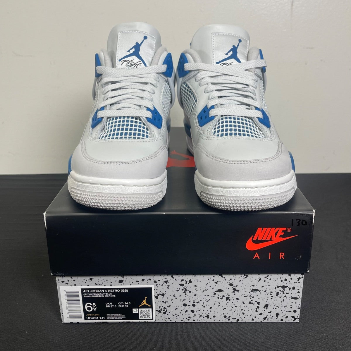 Jordan 4 Retro Military Blue (2024) (GS) 6.5Y (Moderately Worn Pre-Owned)JordanOff-White/Military Blue/Neutral Grey - Image 1