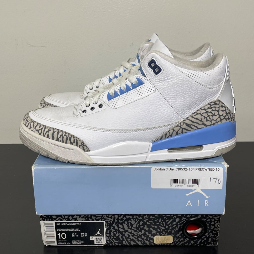Jordan 3 Retro UNC (2020) 10 (Moderately Worn Pre-Owned)JordanWhite/Valor Blue-Tech Grey - Image 3