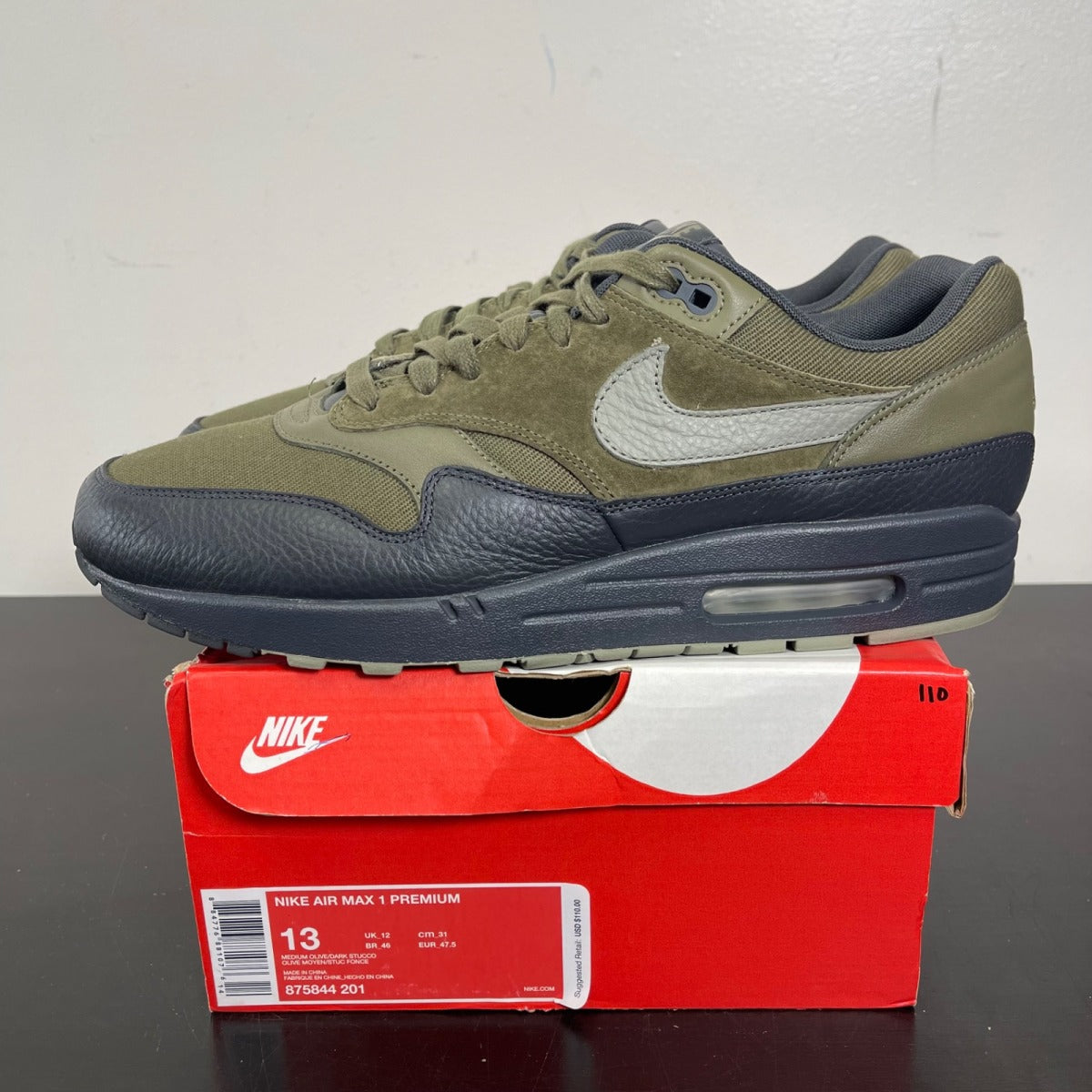 Nike Air Max 1 Premium Dark Stucco 13 (Moderately Worn Pre-Owned)NikeMedium Olive/Dark Stucco-Anthracite - Image 3