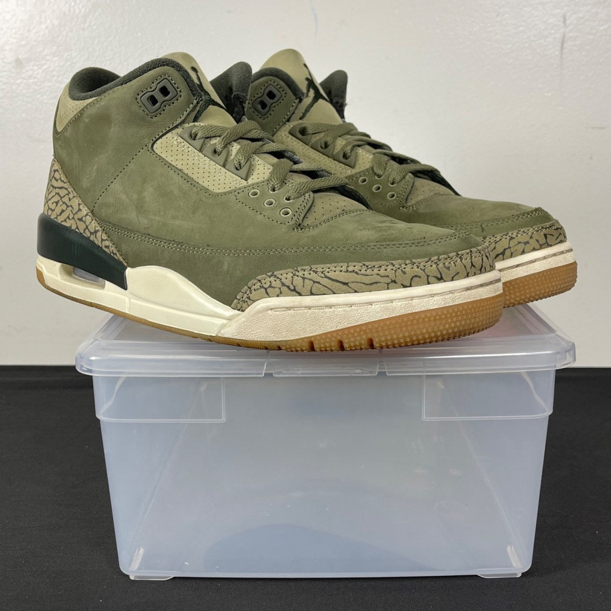 Jordan 3 Retro Family Affair 10 (Moderately Worn Pre-Owned)JordanMedium Olive/Sequoia/Neutral Olive/Sail/Total Crimson - Image 1