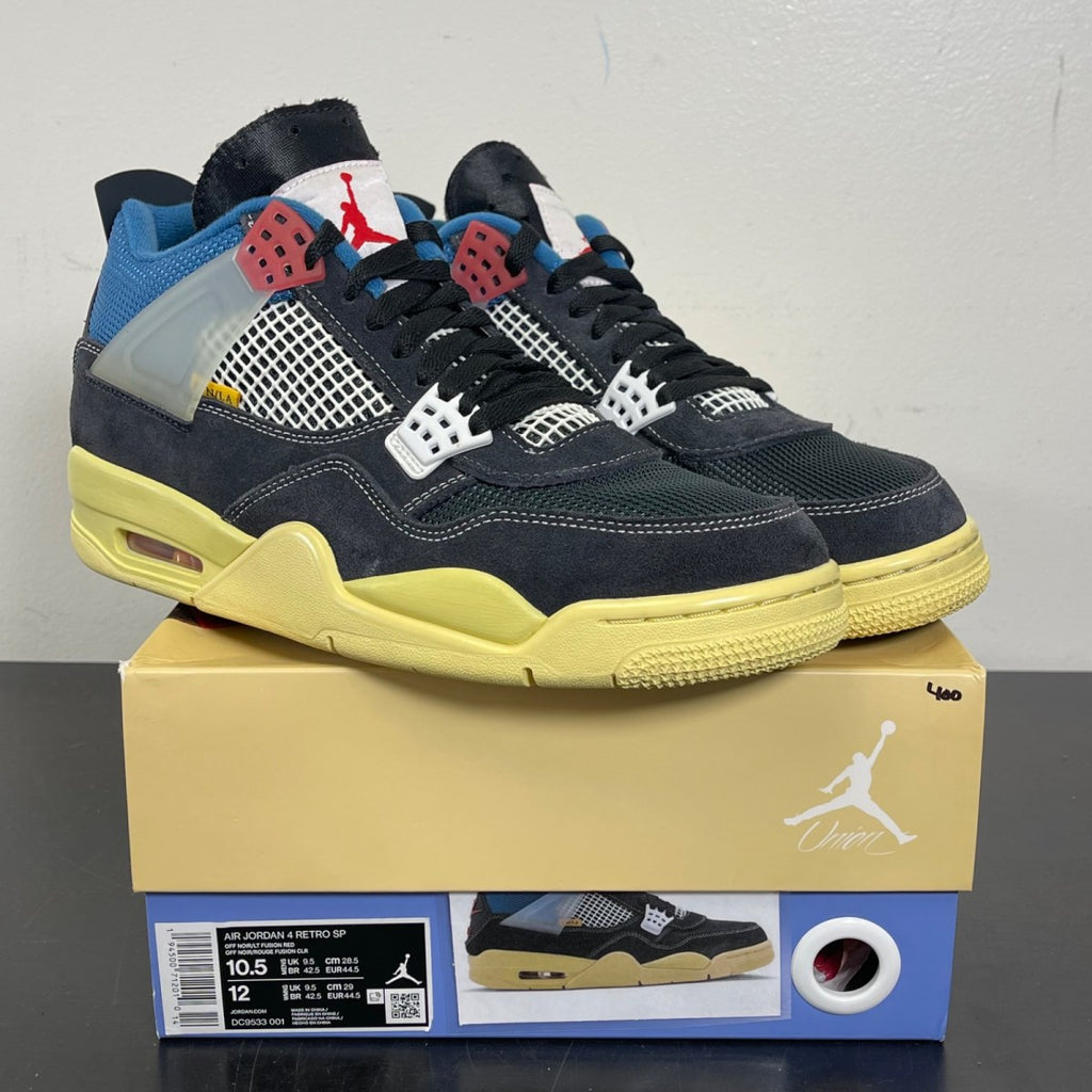 Jordan 4 Retro Union Off Noir 10.5 (Moderately Worn Pre-Owned)JordanOff-Noir/Brigade Blue-Dark Smoke Grey-Light Fusion Red - Image 1