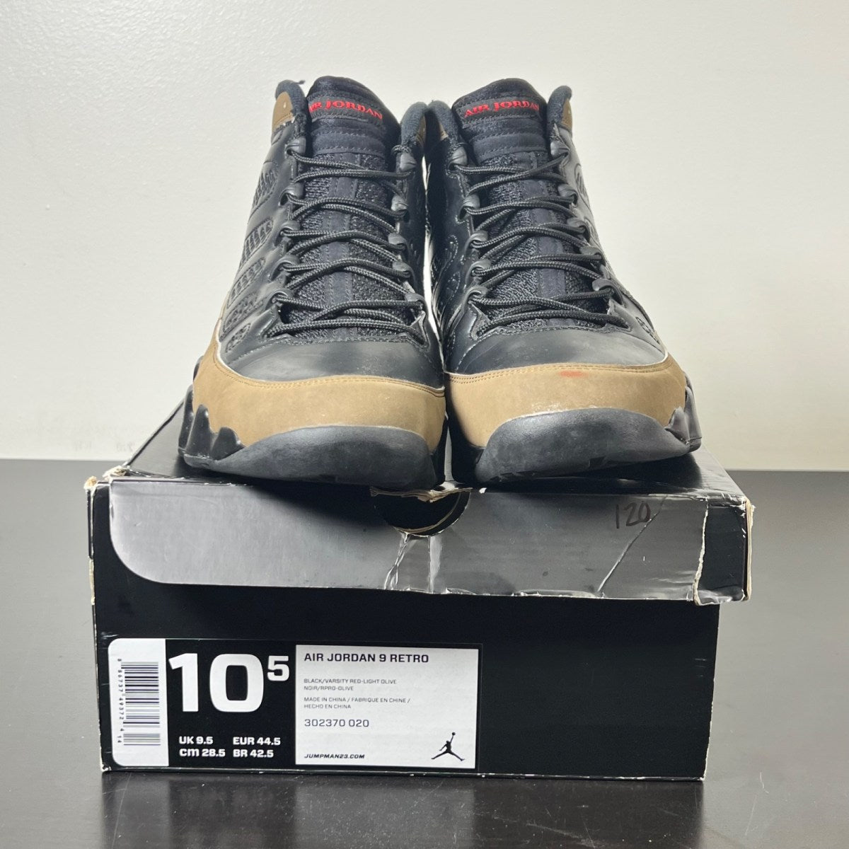 Jordan 9 Retro Olive (2012) 10.5 (Moderately Worn Pre-Owned)JordanBlack/Light Olive-Varsity Red - Image 2