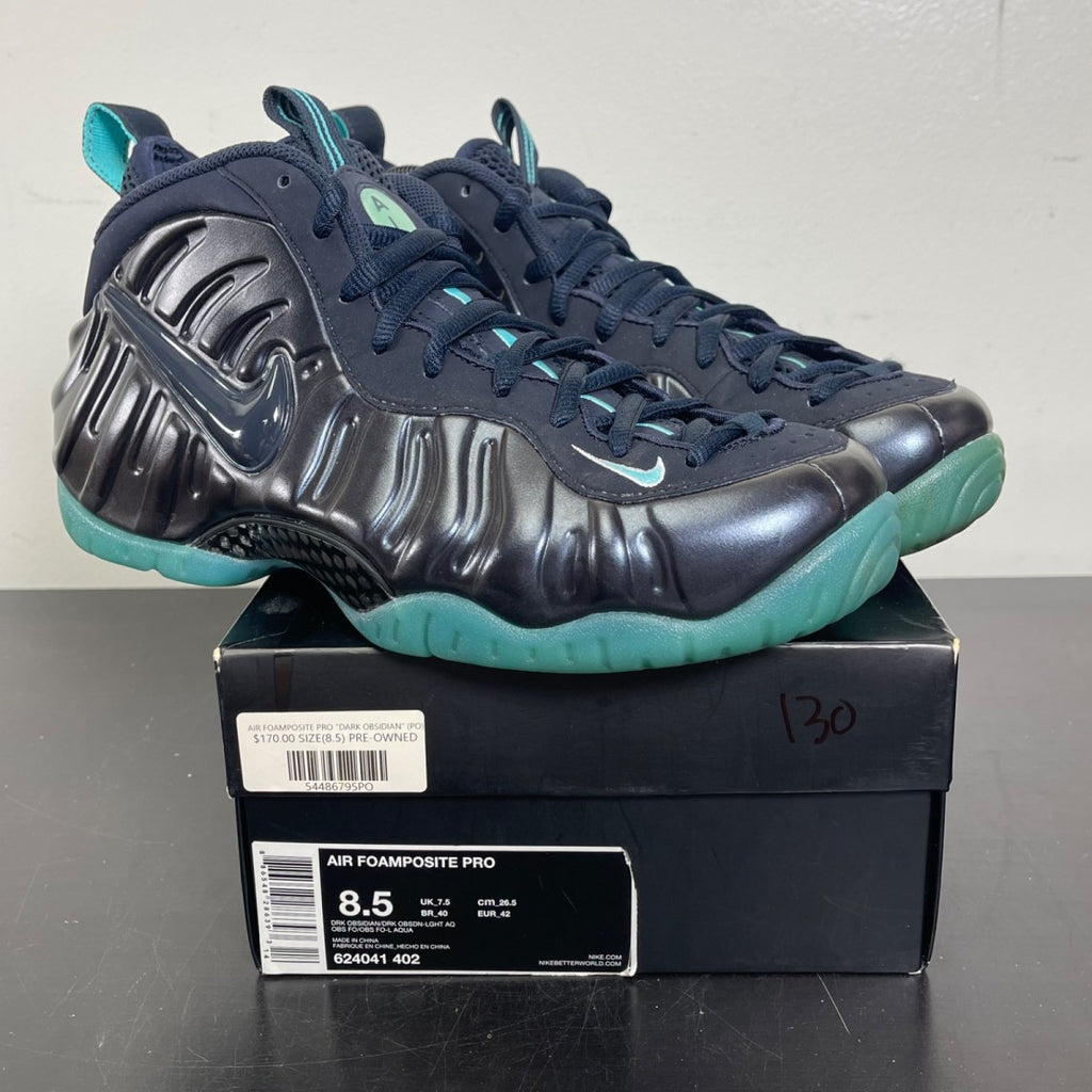 Nike Air Foamposite Pro Dark Obsidian 8.5 (Moderately Worn Pre-Owned)NikeDark Obsidian/Dark Obsidian-Blue Aquamarine - Image 1
