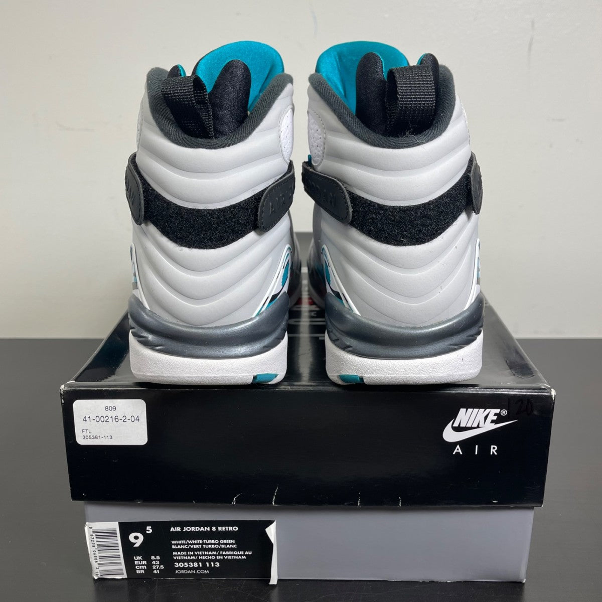 Jordan 8 Retro South Beach 9.5 (Moderately Worn Pre-Owned)JordanWhite/White-Turbo Green-Neutral Grey - Image 4