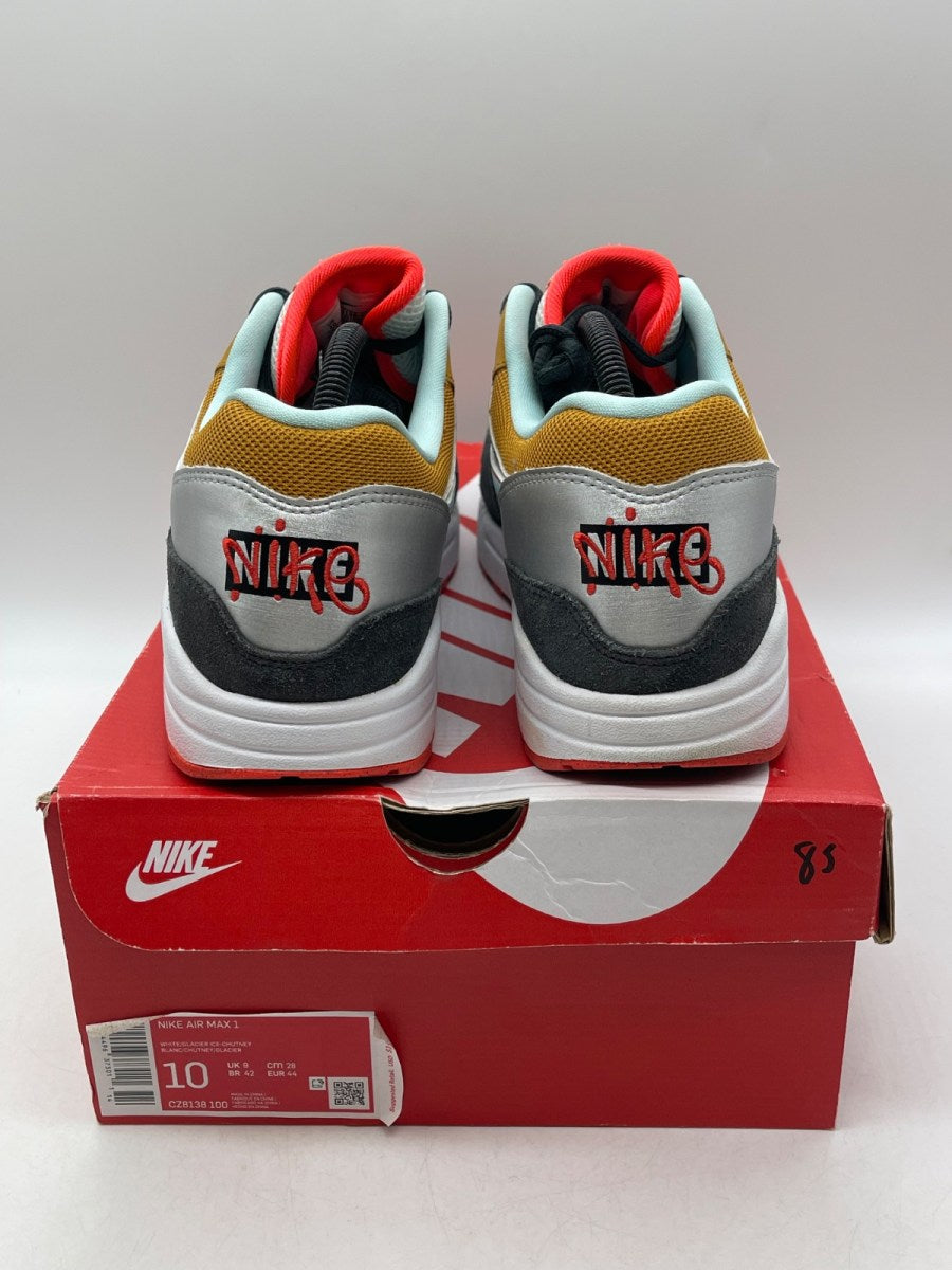 Nike Air Max 1 Graffiti Logo 10 (Moderately Worn Pre-Owned)NikeWhite/Chutney-Dark Smoke Grey-Glacier Ice - Image 3