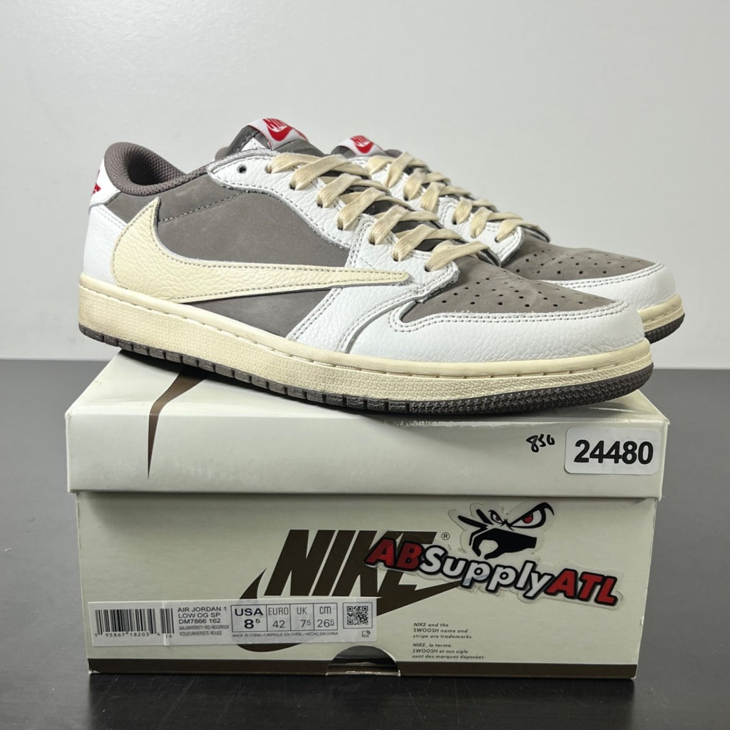 Jordan 1 Retro Low OG SP Travis Scott Reverse Mocha 8.5 (Moderately Worn Pre-Owned)JordanSail/University Red-Ridgerock - Image 1