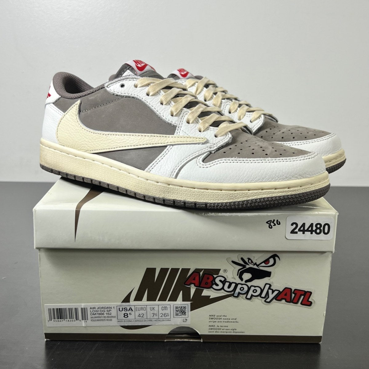 Jordan 1 Retro Low OG SP Travis Scott Reverse Mocha 8.5 (Moderately Worn Pre-Owned)JordanSail/University Red-Ridgerock - Image 1