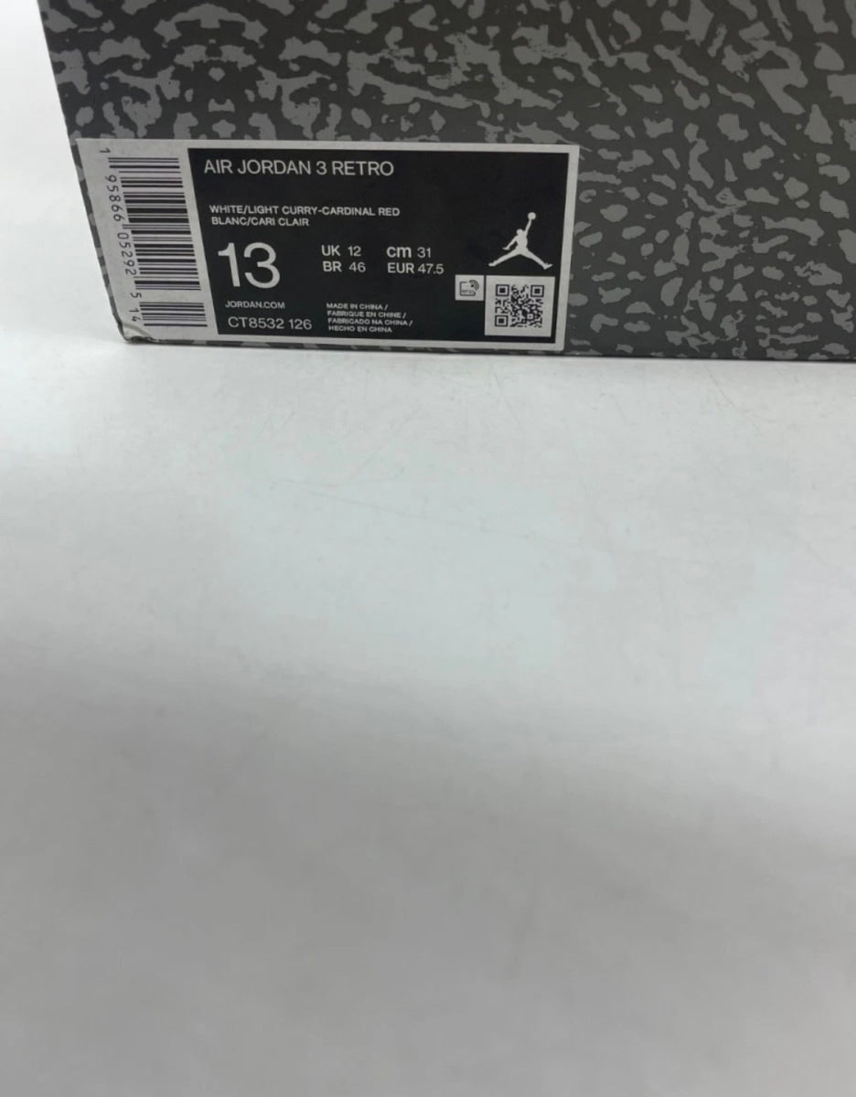 Jordan 3 Retro Cardinal Red 13 (Heavily Worn Pre-Owned)JordanWhite/Light Curry-Cardinal Red-Cement Grey - Image 9