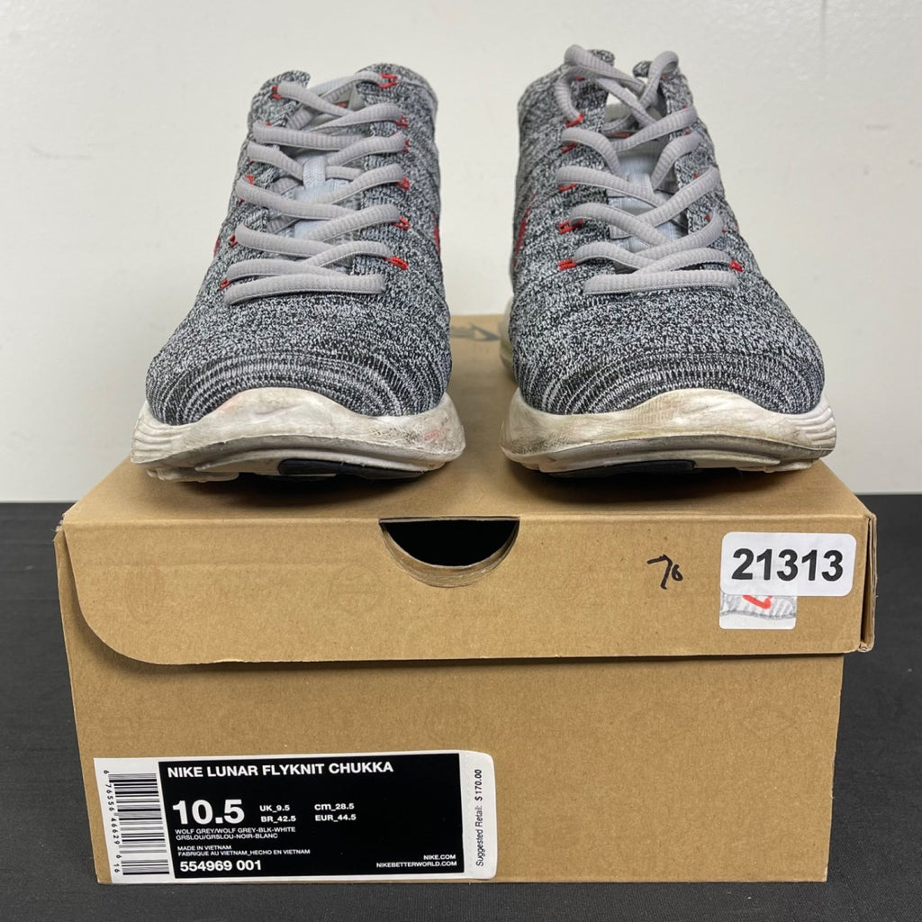 Nike Lunar Flyknit Chukka Wolf Grey Red 10.5 (Moderately Worn Pre-Owned)NikeWolf Grey/Wolf Grey-Black-White - Image 2
