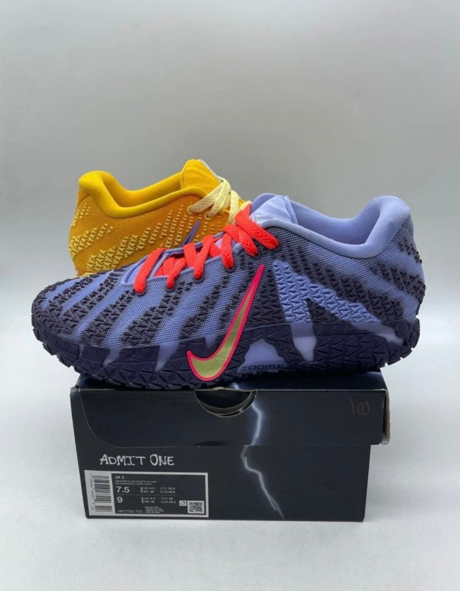 Nike Ja 3 Hustle & Flow 7.5 (Lightly Worn Pre-Owned)NikeSoft Yellow/Purple Dynasty/Volt Tint/Light Thistle/Bright Crimson - Image 1