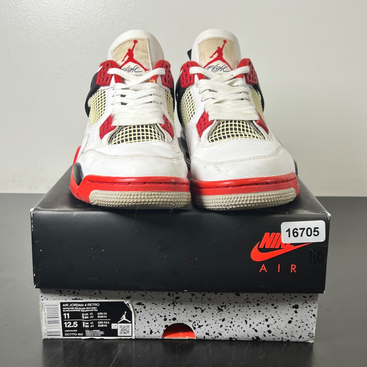 Jordan 4 Retro Fire Red (2020) 11 (Heavily Worn Pre-Owned)JordanWhite/Black-Tech Grey-Fire Red - Image 2