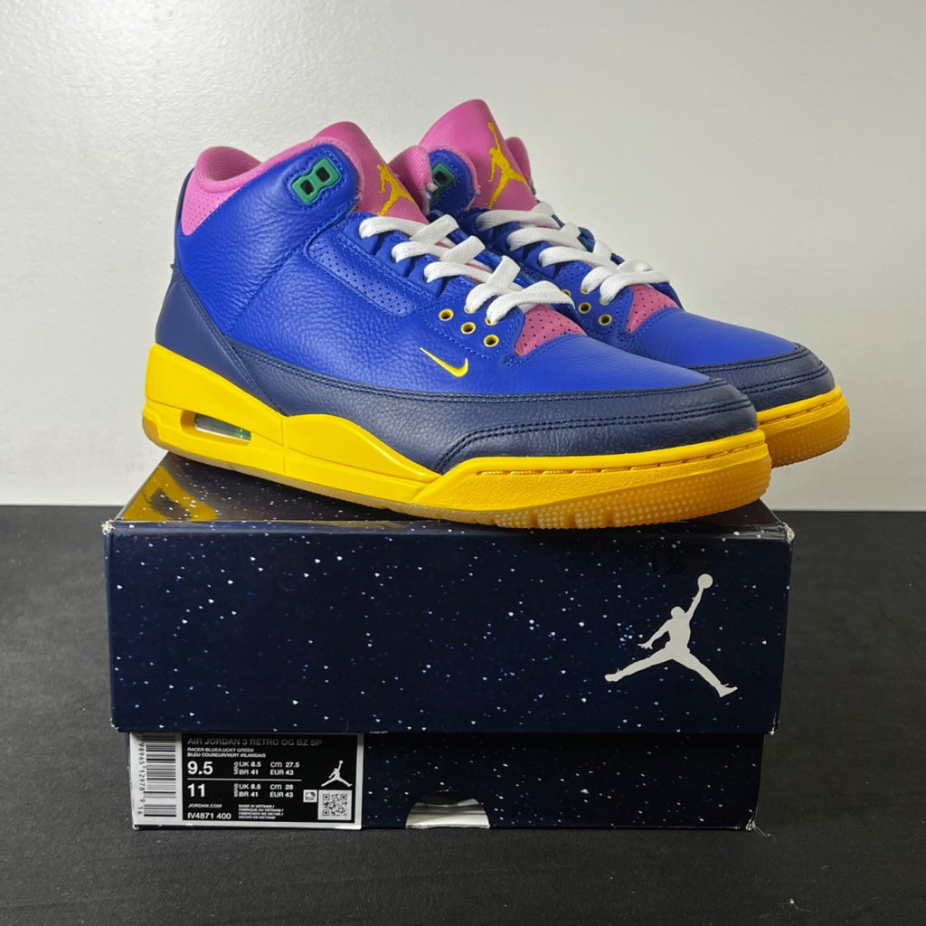 Jordan 3 Retro Brazil 9.5 (Lightly Worn Pre-Owned)JordanRacer Blue/Lucky Green/Blue Void/Varsity Maize - Image 1