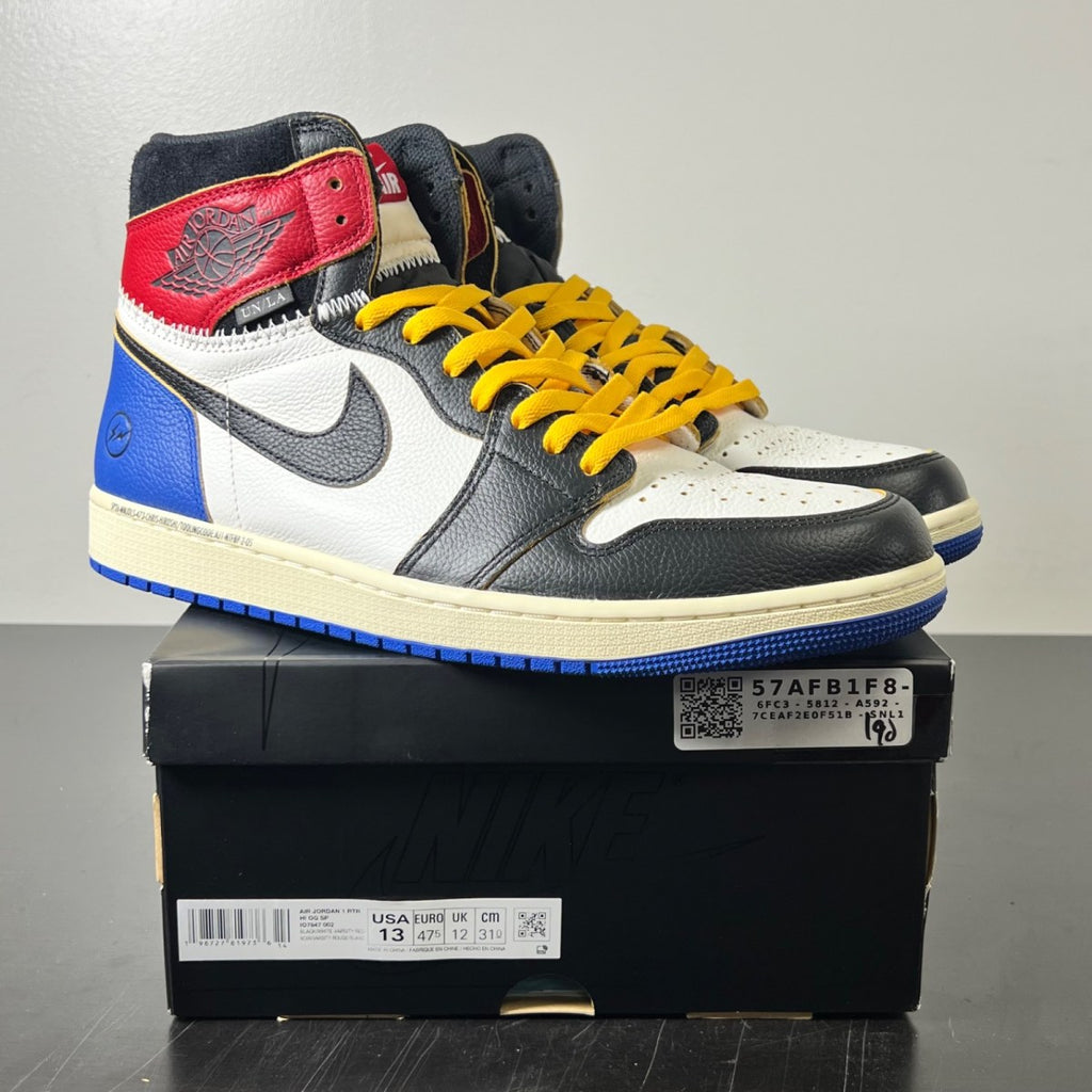 Jordan 1 Retro High OG SP Fragment x Union LA Varsity Red Sport Royal 13 (Lightly Worn Pre-Owned)JordanBlack/White/Varsity Red/Sport Royal - Image 1