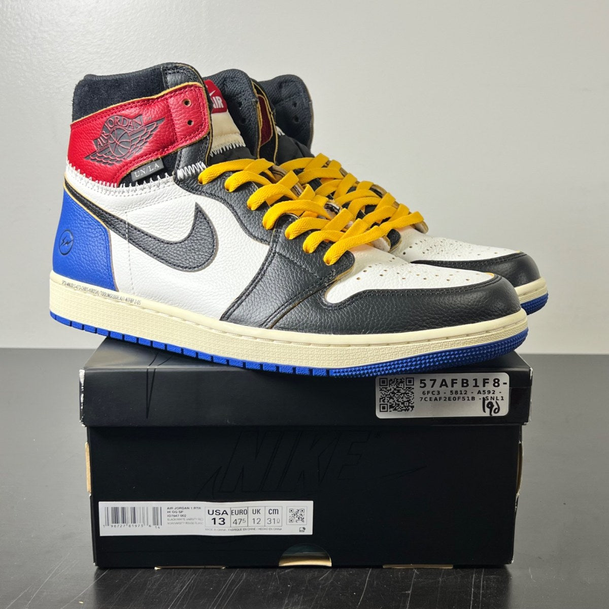 Jordan 1 Retro High OG SP Fragment x Union LA Varsity Red Sport Royal 13 (Lightly Worn Pre-Owned)JordanBlack/White/Varsity Red/Sport Royal - Image 1