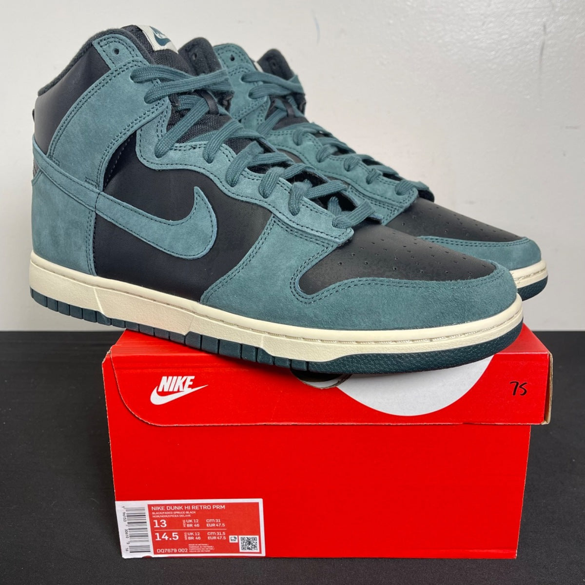 Nike Dunk High Retro PRM Faded Spruce 13 (Moderately Worn Pre-Owned)NikeFaded Spruce/Black - Image 1