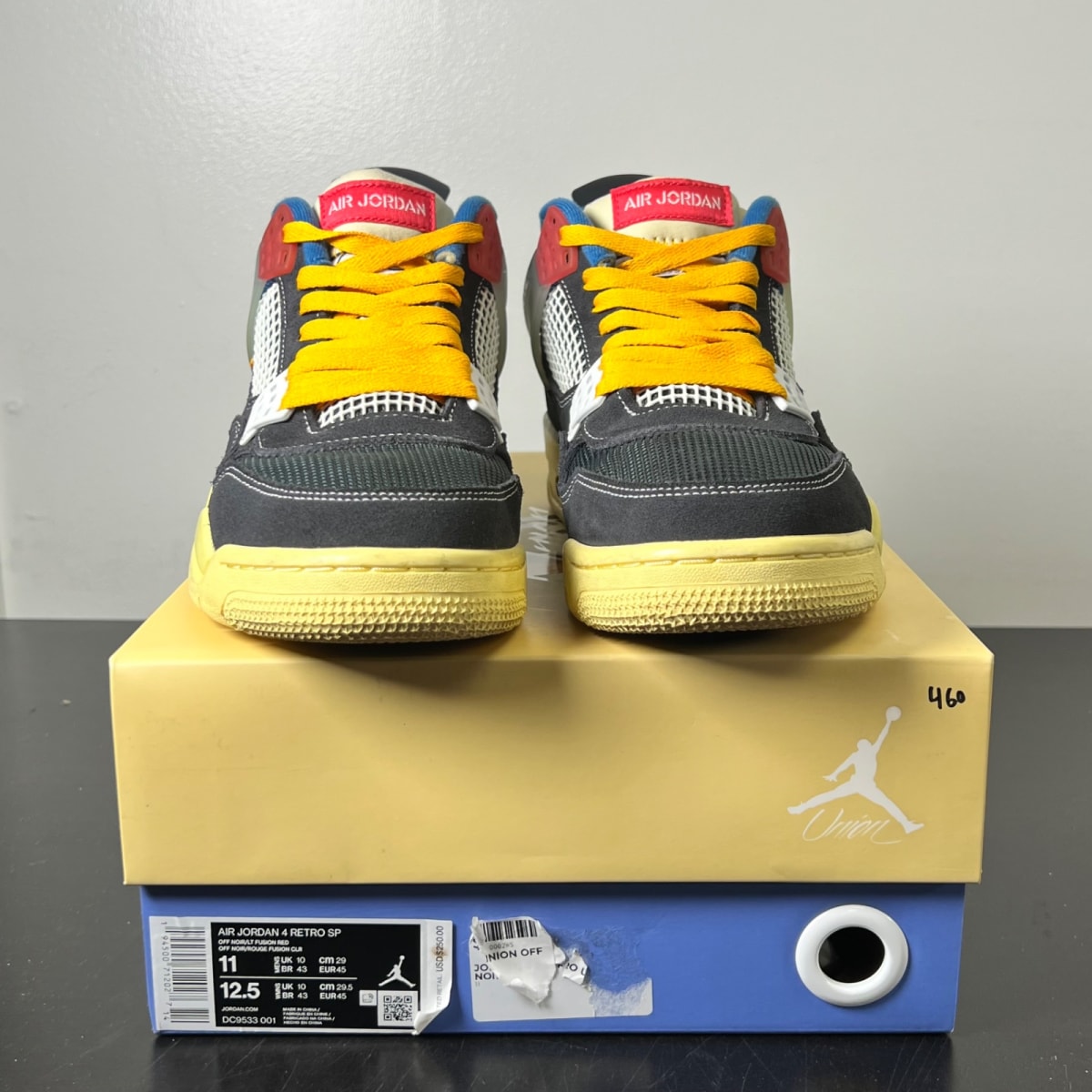 Jordan 4 Retro Union Off Noir 11 (Lightly Worn Pre-Owned)JordanOff-Noir/Brigade Blue-Dark Smoke Grey-Light Fusion Red - Image 2
