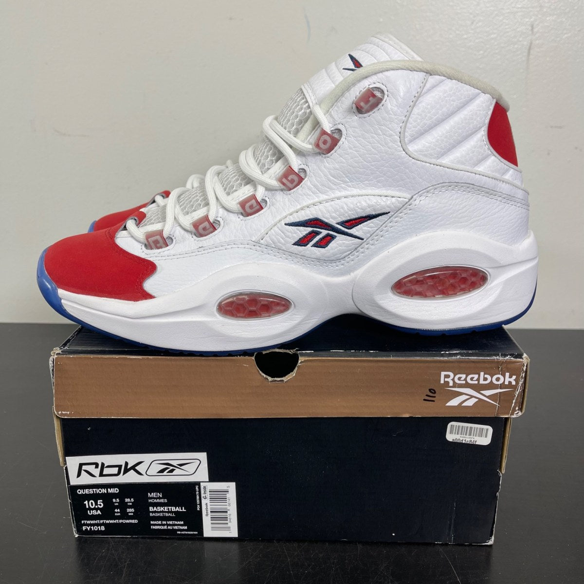Reebok Question Mid Red Toe 25th Anniversary 10.5 (Moderately Worn Pre-Owned)ReebokWhite/White-Red - Image 3