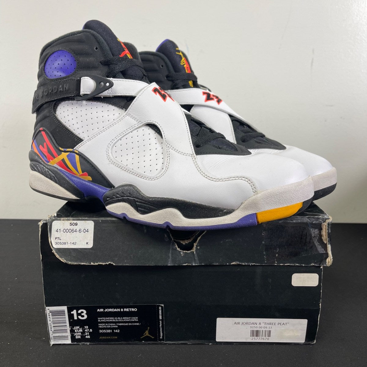 Jordan 8 Retro Three Peat 13 (Moderately Worn Pre-Owned)JordanWhite/Infrared 23-Black-Bright Concord - Image 1