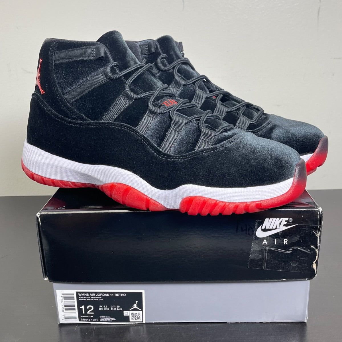 Jordan 11 Retro Bred Velvet (Women's) 12W (Lightly Worn Pre-Owned)JordanBlack/Gym Red/White - Image 1